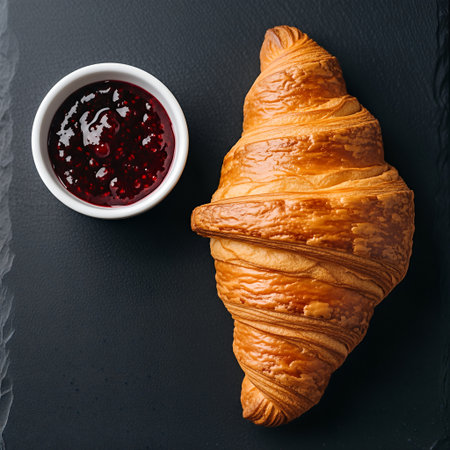 Croissant with berry jam on black background, top viewの素材