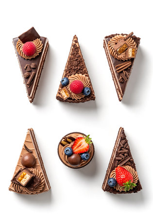 Set of chocolate cakes with berries isolated on white background. Top view.の素材