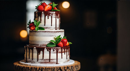 Wedding cake with strawberries and chocolate on a wooden stand.の素材