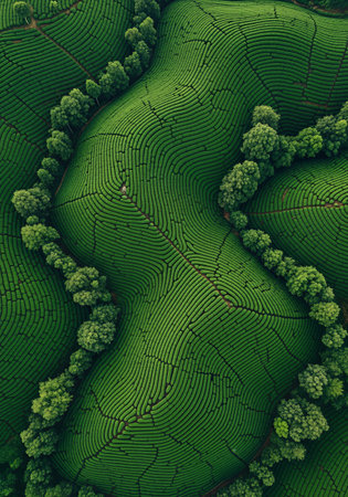 3d illustration of a green tea field with trees in the backgroundの素材