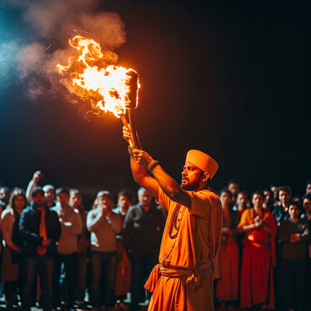 Hindu priest with burning torch in Kolkata, India.の素材