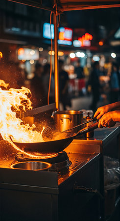 Frying pan with fire flames at night street food festival in Bangkok, Thailandの素材