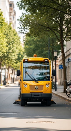 Bus on the street in Paris, France. Yellow bus on the street.の素材