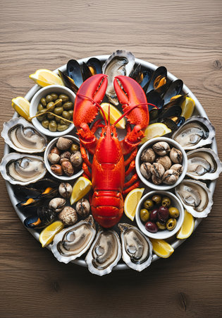 Lobster, oysters, olives and lemon on wooden backgroundの素材
