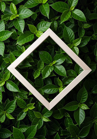 Wooden frame on green leaves background, flat lay, top viewの素材