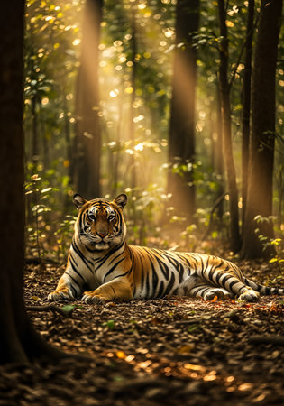 Tiger lying on the ground in the forest with sunlight and shadowの素材