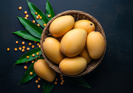 Marian plum or yellow mango fruit in basket on black background.の素材