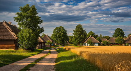 Rural landscape with old wooden houses and wheat field in Poland.の素材