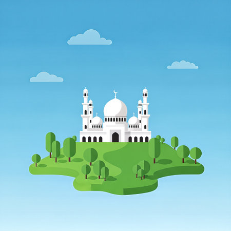 Taj Mahal. Vector illustration of a mosque on a green hill.の素材