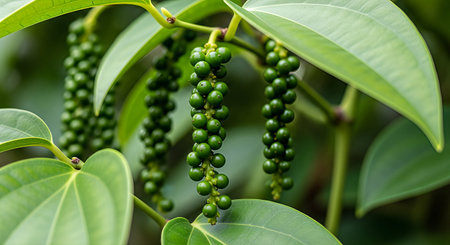 Fresh green peppercorns growing on a tree in the garden.の素材