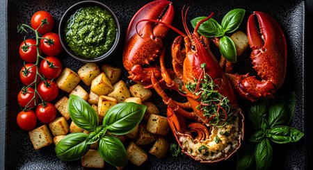 Lobster with pesto sauce and baked potatoes on a black backgroundの素材