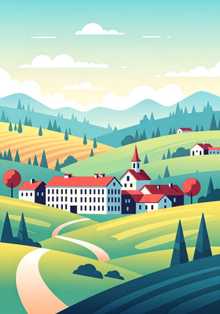 Landscape with mountains and village in flat style. Vector illustration.の素材