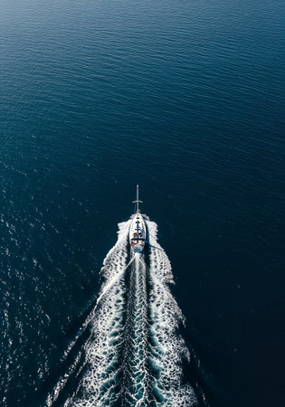 Aerial view of a luxury yacht sailing in the Mediterranean sea.の素材