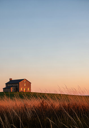 Lonely house in a field with tall grass at sunset.の素材