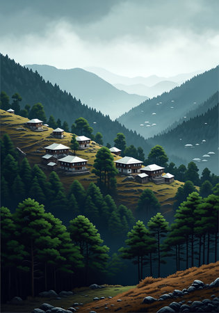 Wooden house in the mountains. Mountain landscape. Vector illustration.の素材