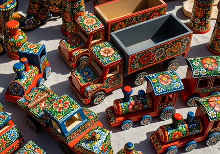 Colorful ceramic toy train for sale at local market in Vilnius, Lithuania.の素材