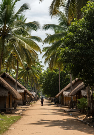 Tropical village with palm trees and wooden houses, Sri Lankaの素材