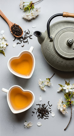 Tea ceremony concept. Cup of tea, teapot and flowers on gray backgroundの素材