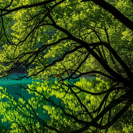 reflection of trees in the lake with green leaves in the waterの素材