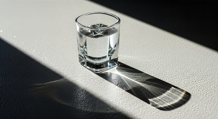 Glass of vodka on a white table with shadow from the sun.の素材