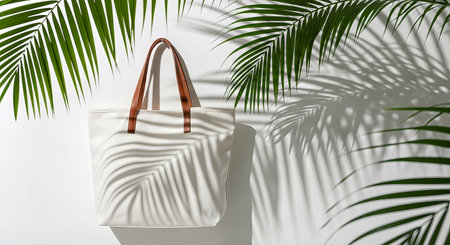 Tropical palm leaves and handbag on white wall background.の素材