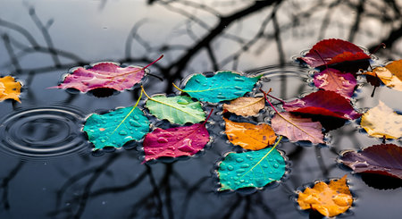Colorful autumn leaves on the water surface. Selective focus.の素材
