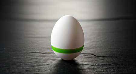 One white egg with green ribbon on a black background, copy spaceの素材