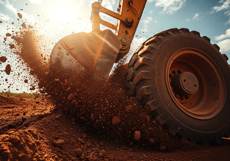 excavator working on the construction site, close-up.の素材