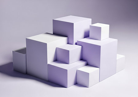 Abstract arrangement of white cubes of varying sizes stacked on a light purple surface, creating a minimalist and geometric composition with soft shadows and subtle gradients.の素材