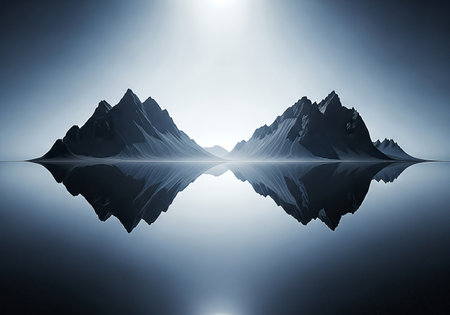 Striking symmetrical landscape of dark, jagged mountains reflected in calm, glassy water. Ethereal gradient sky above creates a serene, minimalist, and abstract scene.の素材