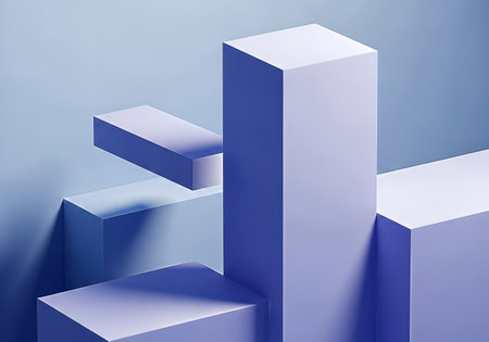 A minimalist 3D composition of geometric blocks in serene blue and lavender hues. Directional light creates a dynamic play of sharp shadows and soft gradients on the forms.の素材