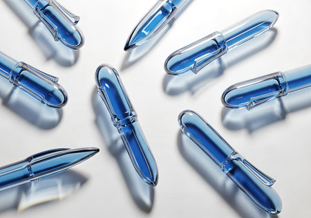 A minimalist still life featuring several crystal blue pens arranged on a white surface, casting sharp, geometric shadows. The composition emphasizes clean lines and modern design.の素材