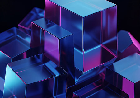 A close-up, abstract view of translucent geometric cubes, illuminated by vibrant neon blue and magenta light, creating a futuristic and ethereal mood.の素材