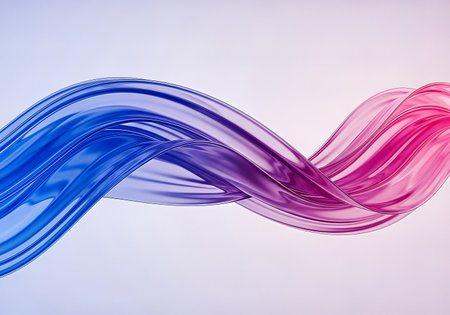 A captivating abstract image featuring flowing, ribbon-like forms in a gradient of blue, purple, and pink. The forms twist and turn against a soft, light background, creating a sense of movement and fluidity. The lighting is soft and diffused, enhancing the smooth textures and vibrant colors.の素材