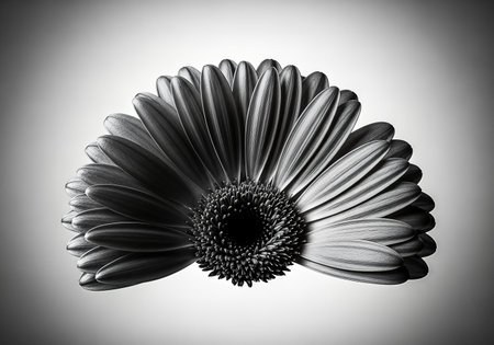 A stunning black and white macro photograph of a Gerbera daisy. The image showcases the flower's intricate details, with a focus on the petals and central disc. The high-contrast lighting creates dramatic shadows and highlights, emphasizing the textures and forms. The composition is balanced and elegant, with a gradient background.の素材