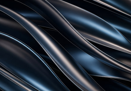 Abstract image showcasing metallic curves with dynamic light and shadow play, creating a modern and sleek design. The composition emphasizes depth and texture.の素材