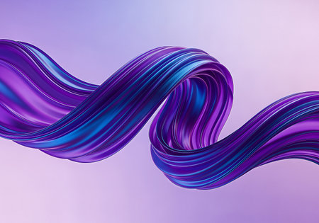 A stunning 3D rendered abstract image featuring a flowing ribbon of vibrant purple and blue hues. The ribbon gracefully curves against a soft, gradient background, creating a sense of movement and depth. The lighting highlights the glossy texture.の素材