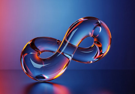 A stunning 3D render of a glass infinity symbol, illuminated by a gradient of red and blue light. The smooth, transparent form reflects the surrounding colors, creating a dynamic and visually captivating composition. The lighting highlights the curves and contours, enhancing the sense of depth and dimension.の素材