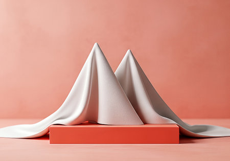 Abstract composition featuring two peaks formed by white textured fabric draped over an orange rectangular podium, set against a peach-colored background, creating a minimalist and modern aesthetic.の素材