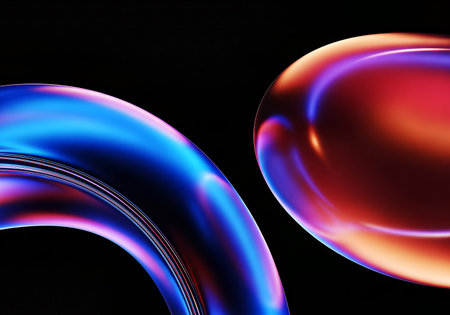 Vibrant blue and red abstract shapes glow with iridescent light against a dark background, creating a dynamic, futuristic composition with smooth curves and reflections.の素材