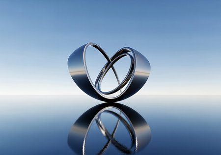 A beautiful 3D render of a polished chrome abstract sculpture, featuring intertwined rings, perfectly reflected on a calm, blue surface under a gradient sky.の素材