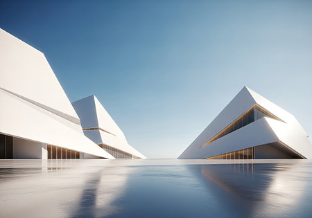 Serene, minimalist architectural design featuring sharp, white geometric structures with golden-lit windows, mirrored on a still, reflective water surface under a vast, clear blue sky.の素材