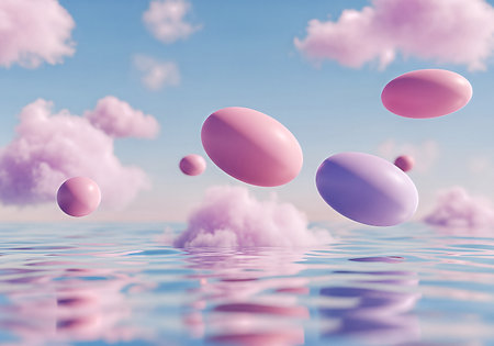 Surreal scene featuring pastel pink and purple spheres floating above calm water reflecting fluffy clouds, creating a dreamy, ethereal atmosphere with soft lighting and smooth textures.の素材