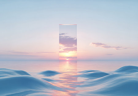 A surreal, minimalist scene featuring a tall, reflective rectangular portal amidst gentle, undulating ocean waves, mirroring a soft pastel sunset sky.の素材