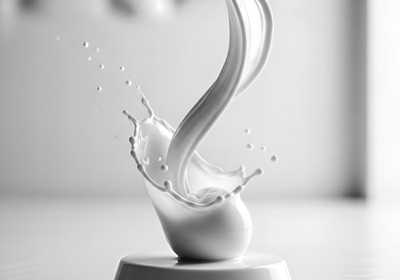 A captivating monochrome image showcasing a dynamic milk splash. The liquid forms a graceful arc, creating a sense of movement and fluidity. The composition is clean and minimalist, with soft lighting enhancing the smooth texture of the milk. The splash is captured mid-air, creating a visually striking and elegant effect.の素材