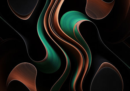 Captivating abstract composition: vibrant teal and copper ribbons gracefully flow against a deep black backdrop. Luminous edges highlight textured, undulating forms, creating a modern, elegant, and dynamic visual.の素材