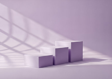 A serene 3D scene featuring three lavender podiums in ascending height, bathed in soft light casting a geometric window shadow. A minimalist backdrop for product display.の素材