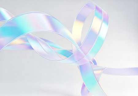 Graceful holographic ribbons intertwine in a dynamic 3D abstract composition. Soft lighting illuminates pastel gradients of teal, purple, and gold on a bright, clean background, creating an ethereal mood.の素材