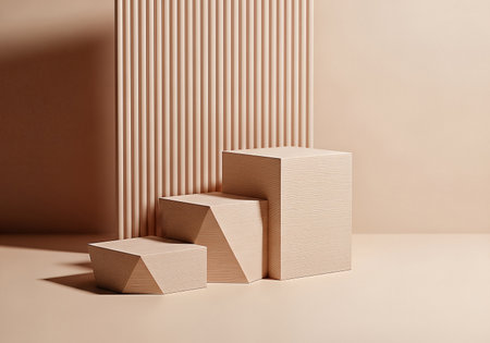 A minimalist studio shot featuring three wooden cubes of varying sizes, arranged as a stepped platform against a backdrop of vertical wooden slats and a soft, warm-toned wall. The lighting creates subtle shadows.の素材
