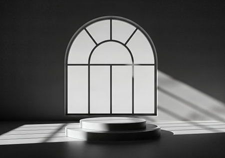 Clean, modern 3D render of a minimalist grayscale interior. A two-tiered circular podium is positioned below a large arched window, bathed in dramatic, geometric sunlight.の素材
